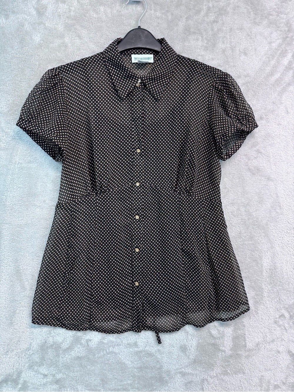 Motherhood Maternity Vintage Style sheer Brown Tan polka dot blouse Size S